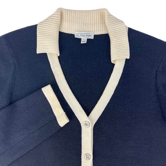 St John Sport Wool SANTANA Knit Black Cream Texture Button Front Long Cardigan M - Picture 4 of 13